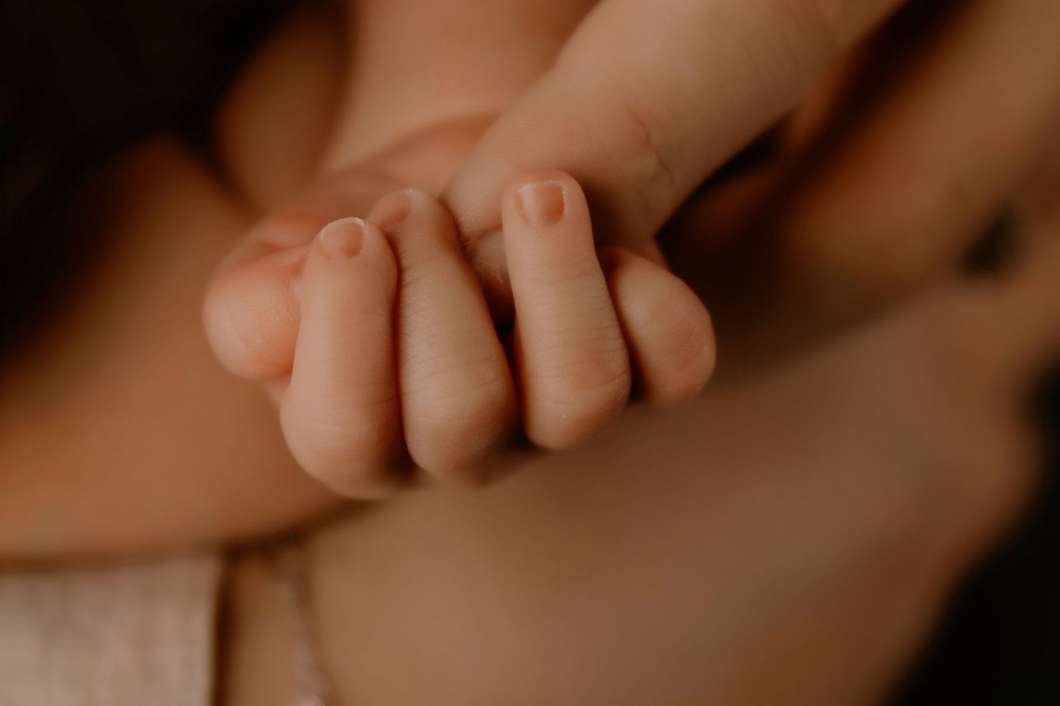 Close-up of a newborn baby's tiny clenched fist, showcasing delicate fingers and soft skin.