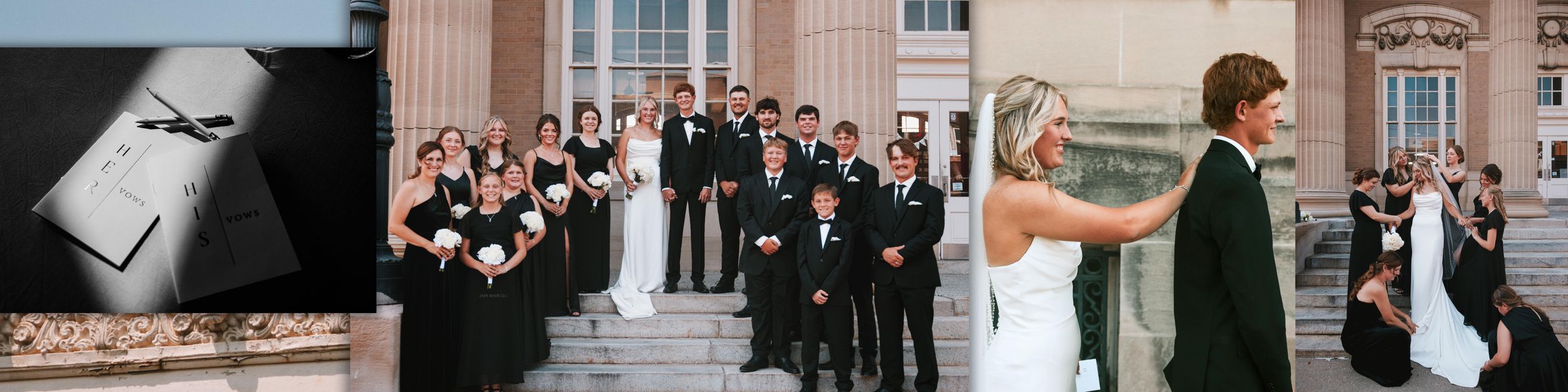 A collage of black and white wedding photographs showing couples, ceremonies and formal group portraits.