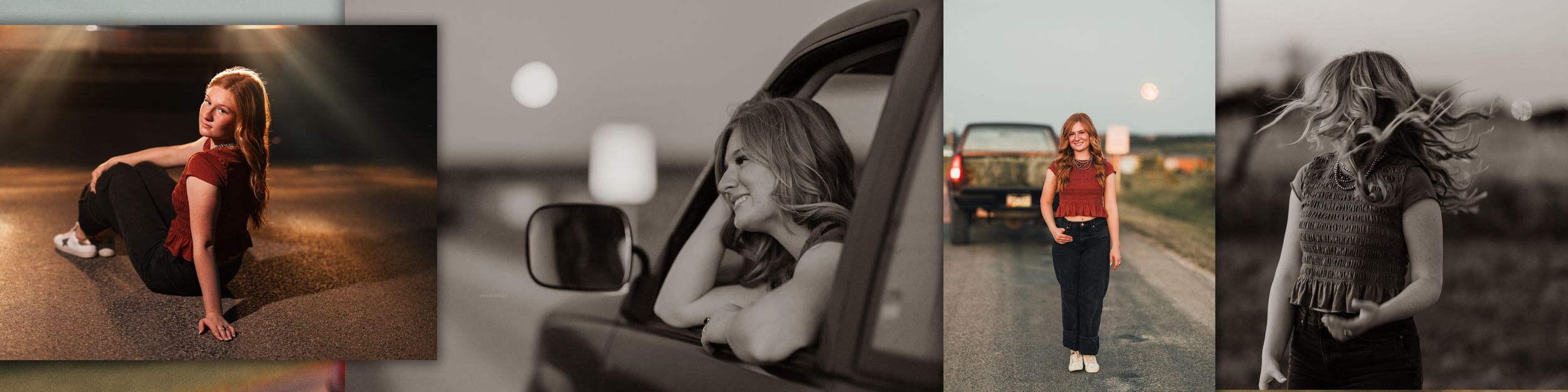 Four artistic portrait photographs showing moody lighting and dramatic poses in outdoor and indoor settings.