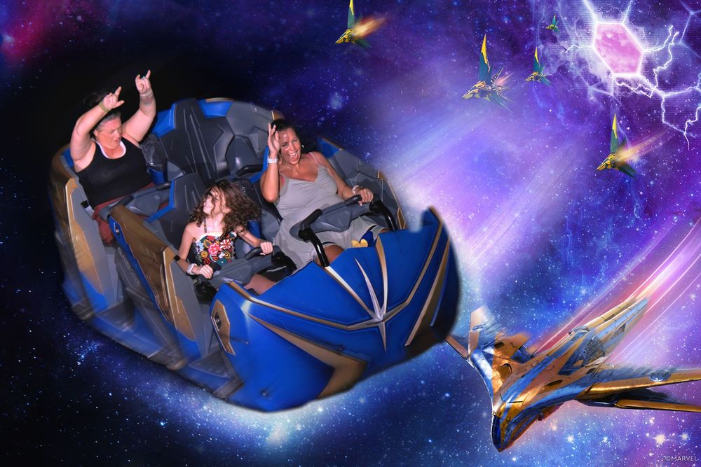 Theme park riders soar through a cosmic space scene with glowing purple nebulas and golden butterflies in a blue spacecraft.