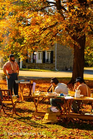 People gather at picnic tables under vibrant autumn trees with golden leaves scattered on the ground.
