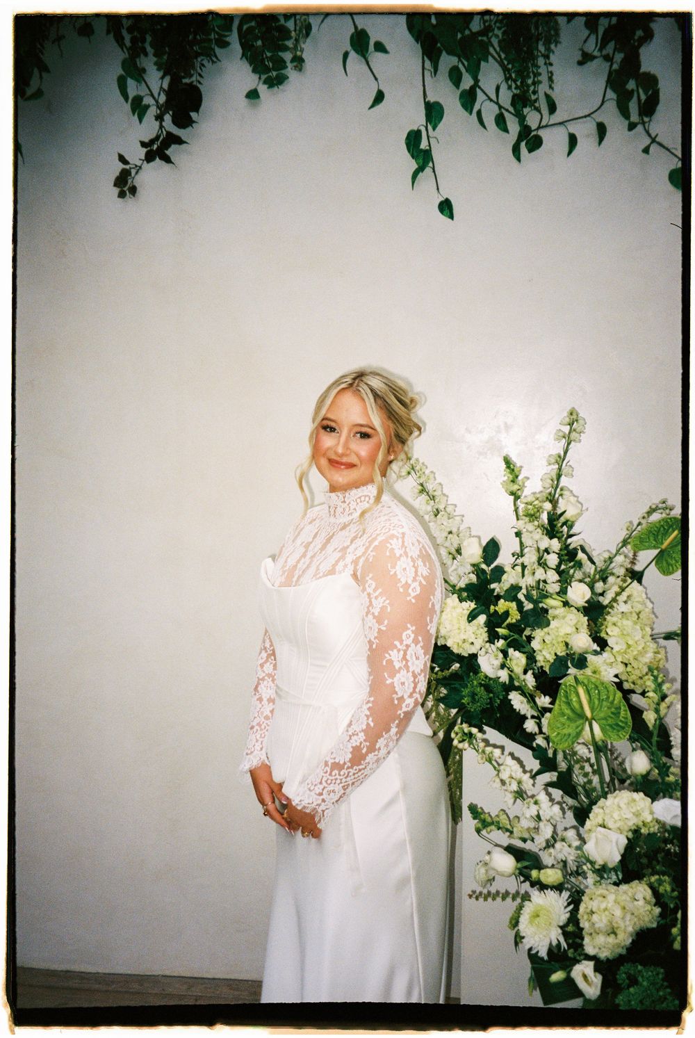 A series of artistic bridal portraits showing a white lace wedding dress against a floral backdrop.