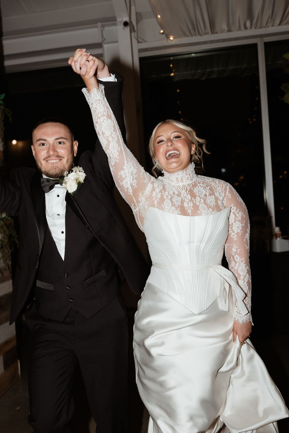 A couple in formal wedding attire dances and celebrates joyfully in a sequence of four candid reception photos.