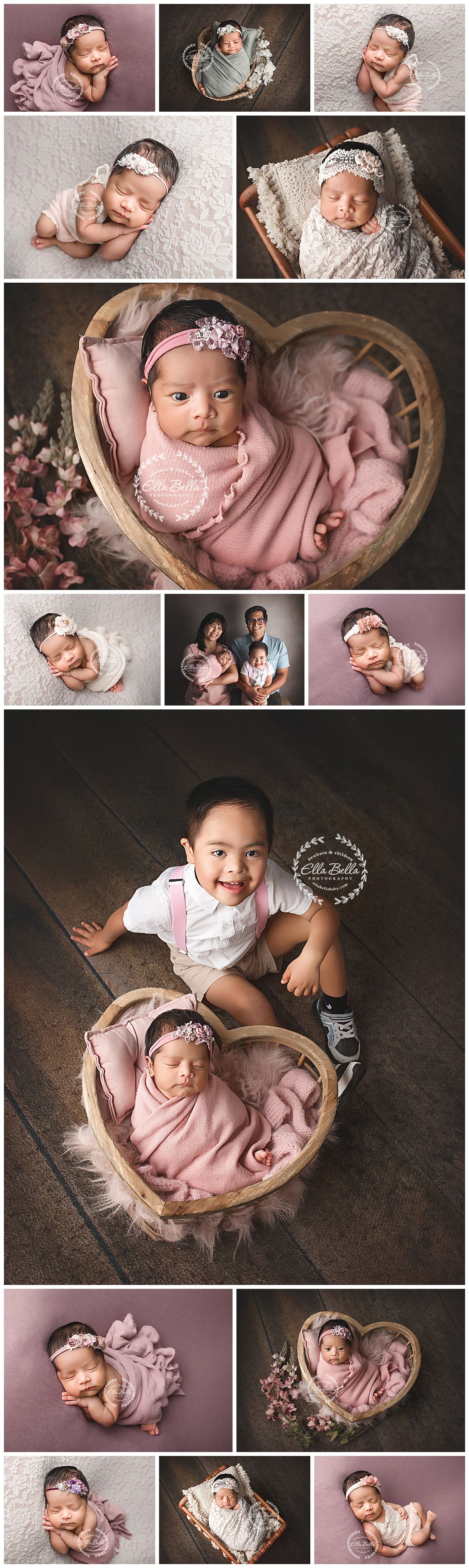 A collection of newborn photography featuring soft pink tones, heart-shaped props, and delicate poses on textured backgrounds.