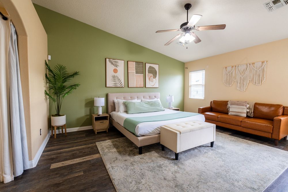 Collage of modern apartment interior rooms showing living spaces with ceiling fans, carpet floors, and neutral decor.