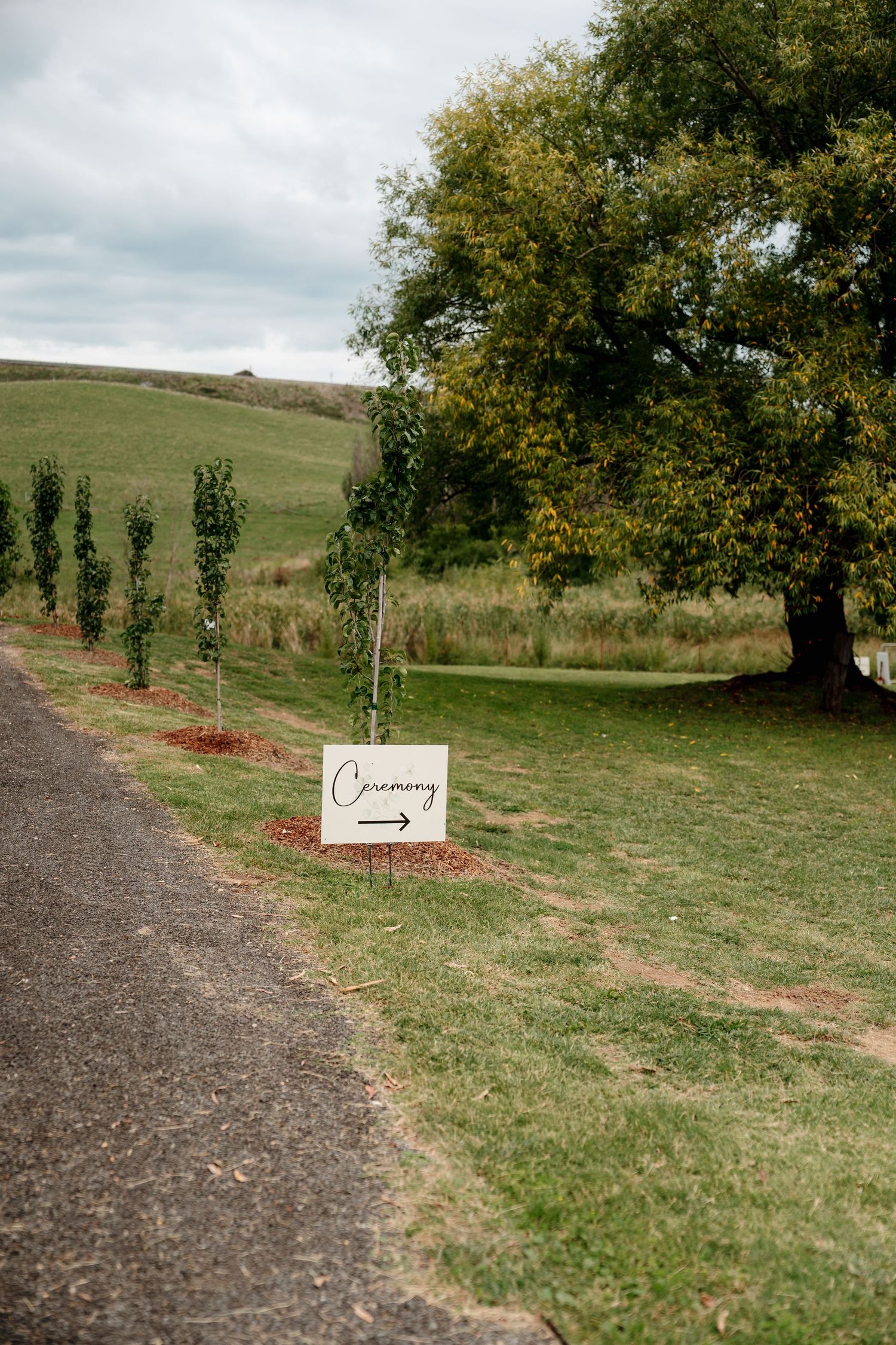 Rustic wedding ceremony sign with arrow on green countryside lawn beside tall trees and rolling hills.