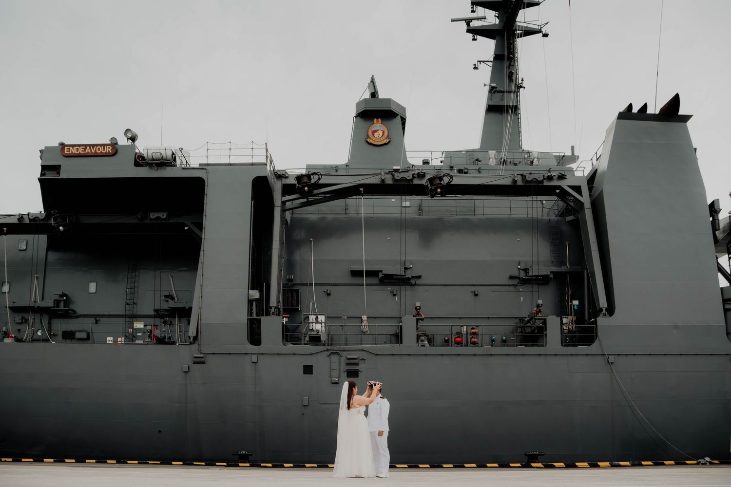 Pre-Wedding photoshoot at Changi Naval base - Naval ship exterior details showing military vessel equipment and structures. Singapore