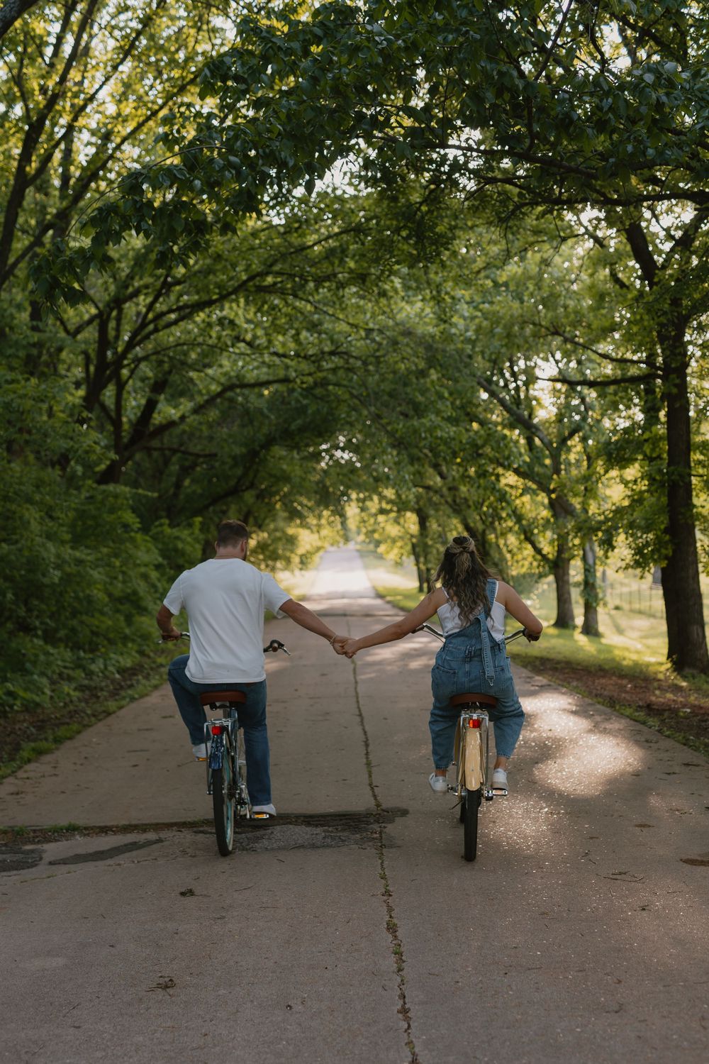 A couple holds hands while riding bicycles together down a scenic tree-lined path in a park.