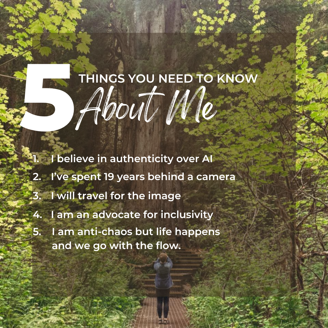 Five things to know about me list with person on forest path background.