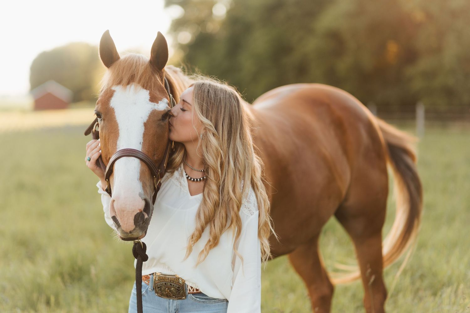 Young woman with long blonde hair kissing a chestnut horse with a blaze on a sunny green farm field.
