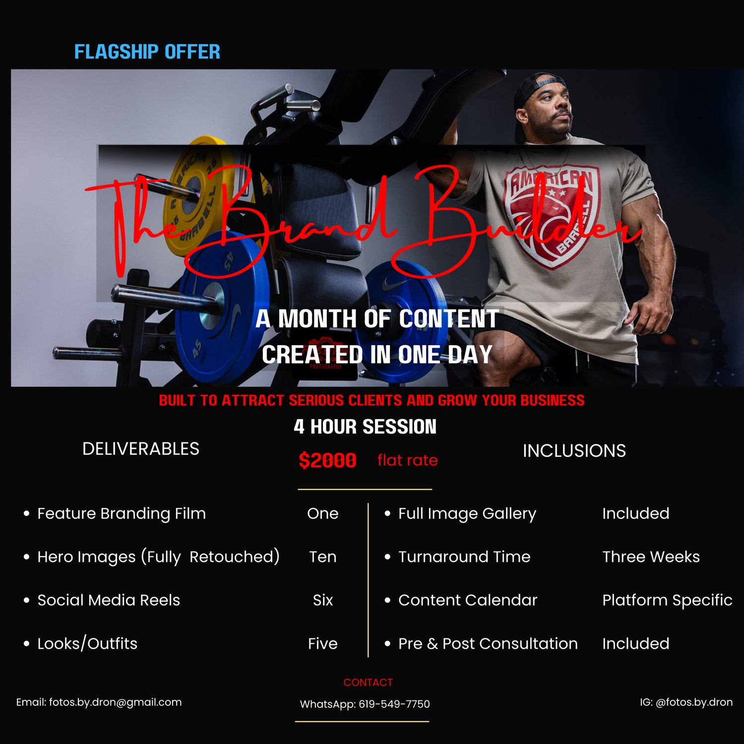 YouTube content photography package flyer offering growth and starter filming session options.