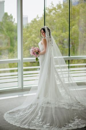 Elegant bridal portrait with flowing cathedral veil in modern window-lined venue.