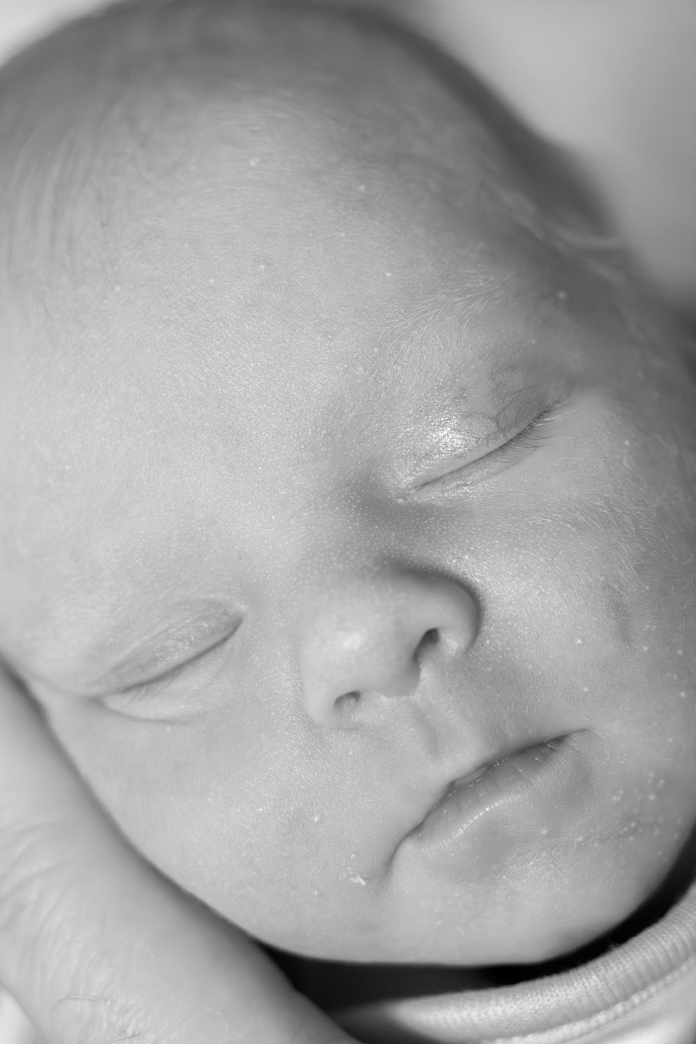 Black and white photo of a sleeping newborn baby's serene face.