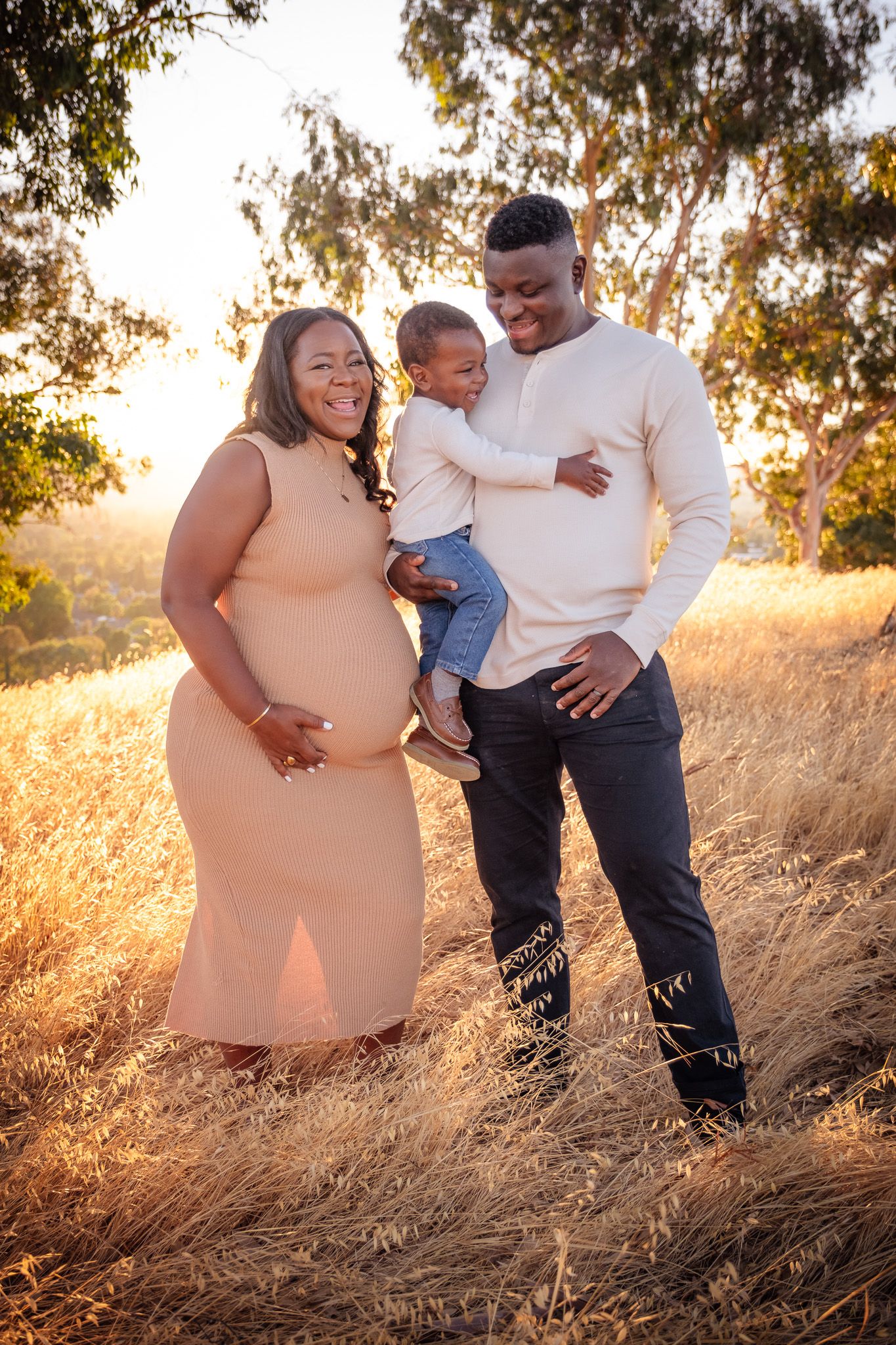 Pregnant woman in peach dress with partner holding toddler in golden field at sunset.