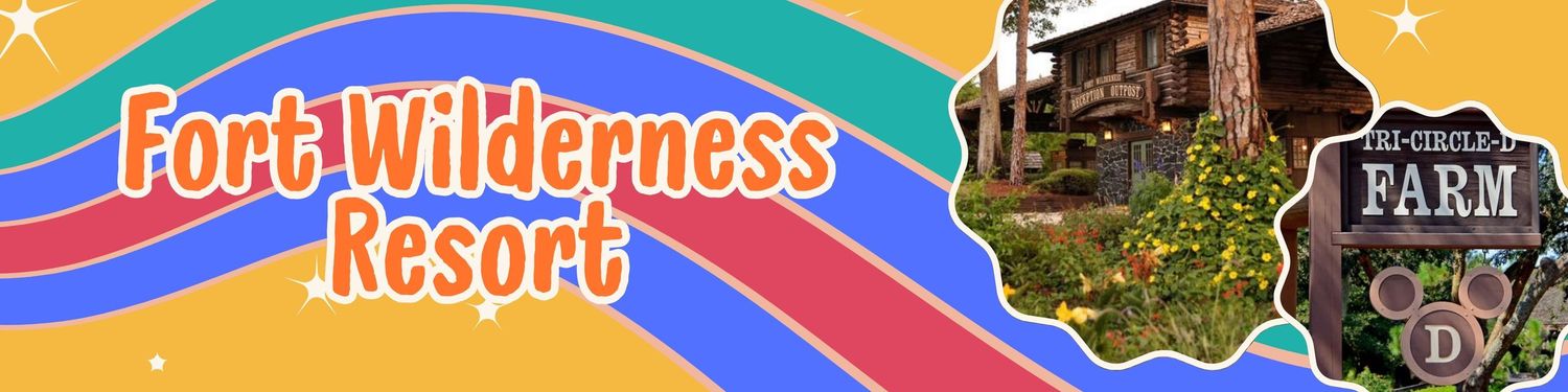 Fort Wilderness Resort logo banner with rainbow design and rustic lodge illustration.