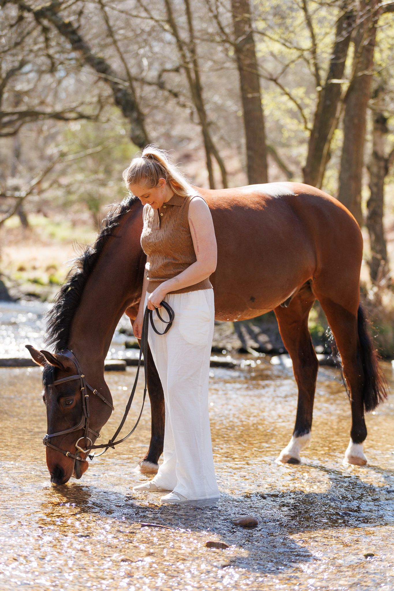 Three brown horses stand in a sunlit autumn meadow with someone in an emerald green dress beside them.