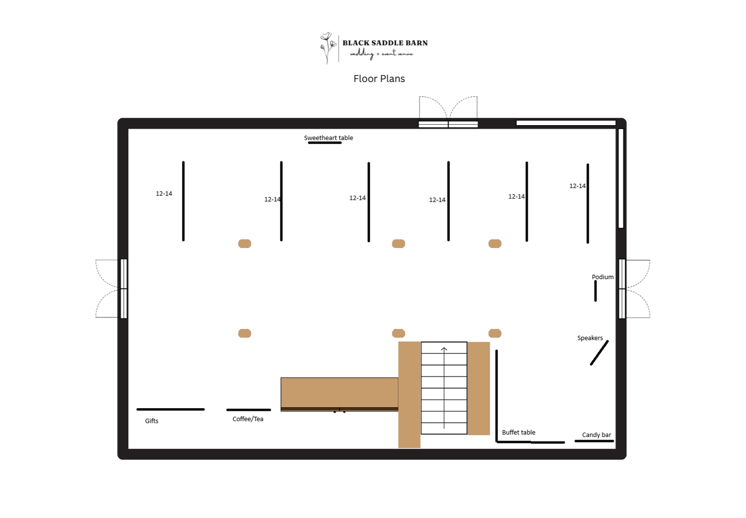 Barn wedding reception layout for 64-84 guests designed for high-capacity guest flow and clear pathways.