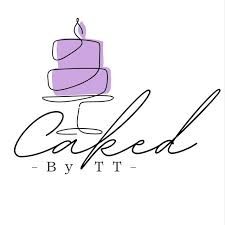 Caked By TT logo featuring a purple tiered wedding cake illustration with elegant script typography.