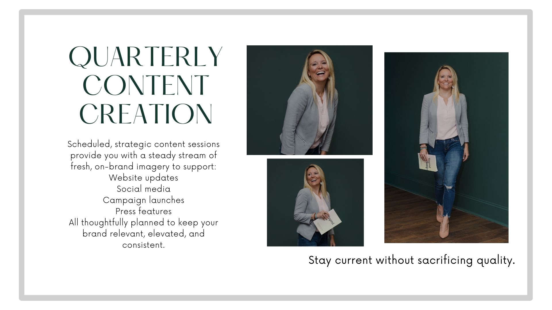 Professional woman in black outfit poses confidently for quarterly content creation branding photography session.
