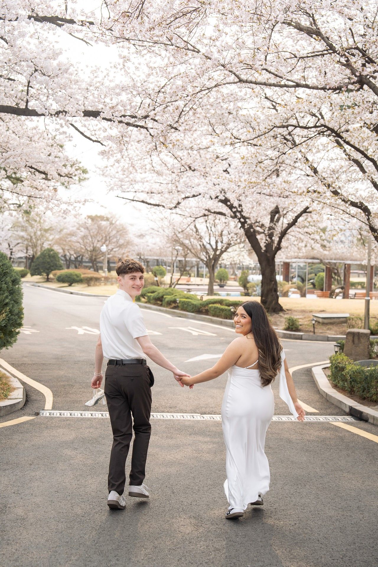 Couple holding hands under blooming cherry blossom trees, woman in white dress, man in white shirt and dark pants.