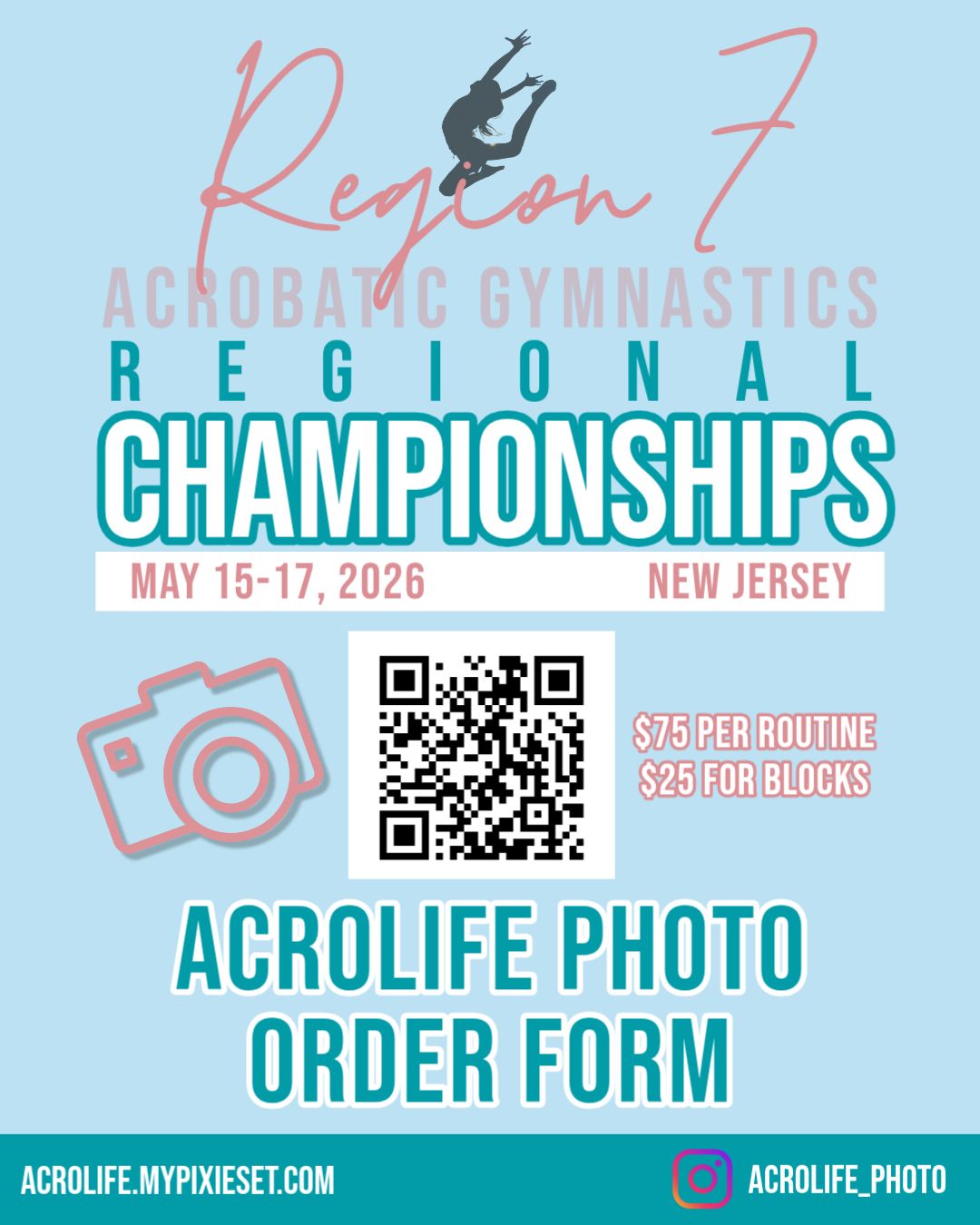 Cancun Acro Cup photo order form flyer for May 7-10, 2026, featuring pricing details and AcroLife Photo Instagram handle.
