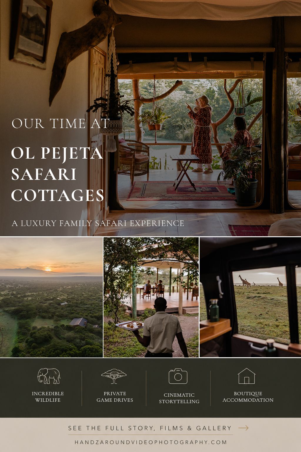 Promotional collage for Ol Pejeta Safari Cottages featuring luxury tent interior, sunset views, and giraffe wildlife encounter.