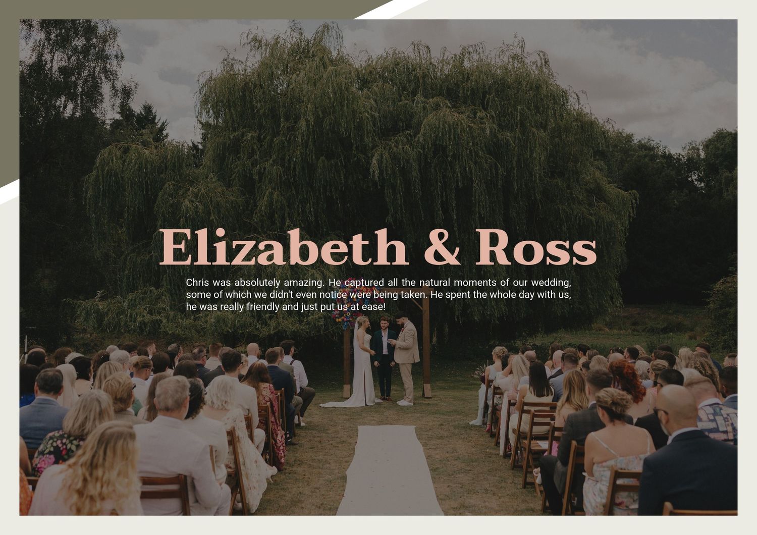 Outdoor wedding ceremony for Elizabeth and Ross with guests seated on wooden chairs surrounded by lush green trees.
