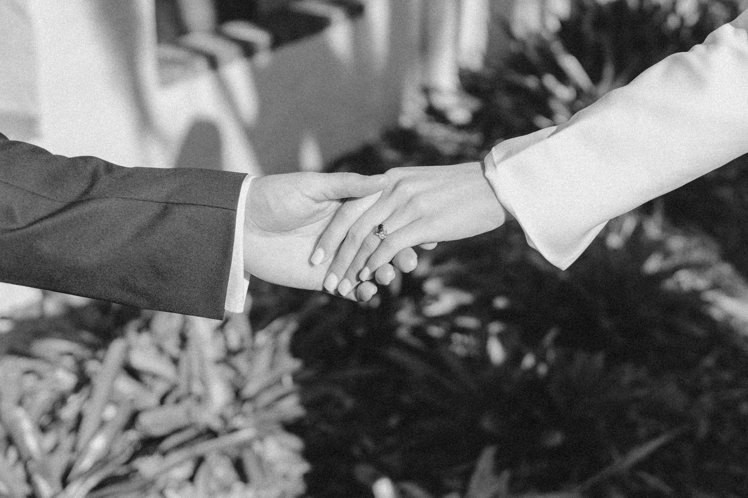 Black and white photo of a couple holding hands, showing wedding rings, with lush greenery in the background.