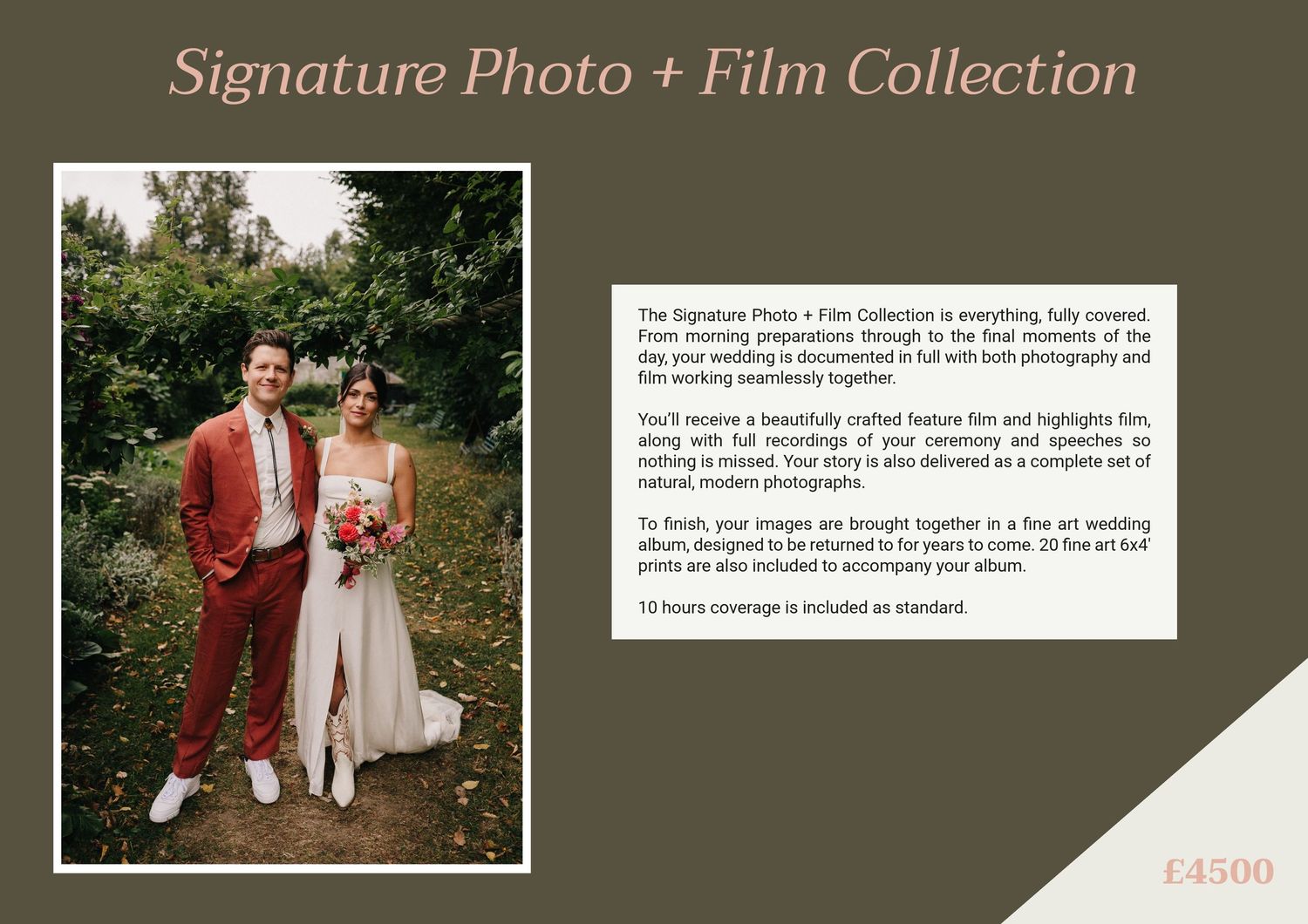 Signature Photo and Film Collection wedding package brochure featuring a couple embracing outdoors, priced at £4500.