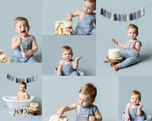 Blue first birthday cake smash collage with baby boy milestone portraits, cake smash moments, and simple studio setup in Magnolia, Texas.