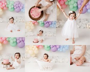 Pastel rainbow cake smash collage with colorful balloon decor, cake smash moments, and bathtub portraits for a first birthday session.