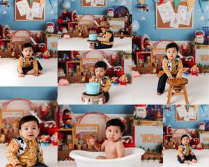 Toy Story themed cake smash collage with colorful birthday decor, milestone portraits, and playful first birthday photos in studio.