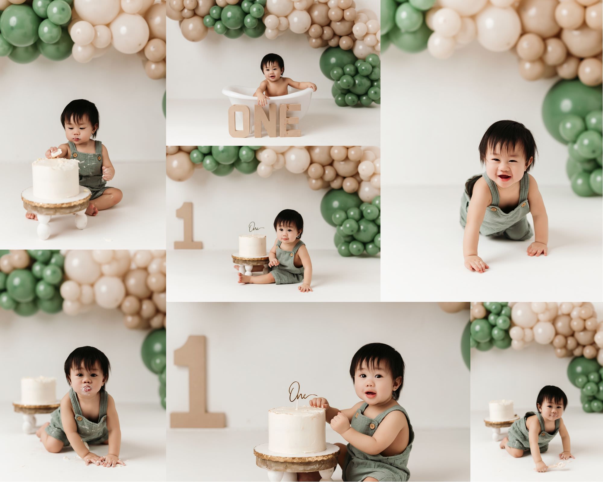 Neutral green balloon cake smash collage featuring simple first birthday portraits and baby milestone photography in Magnolia, Texas.
