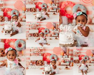 Candy and donut themed cake smash collage with bright pink and red birthday decor, cake smash portraits, and playful first birthday photos.