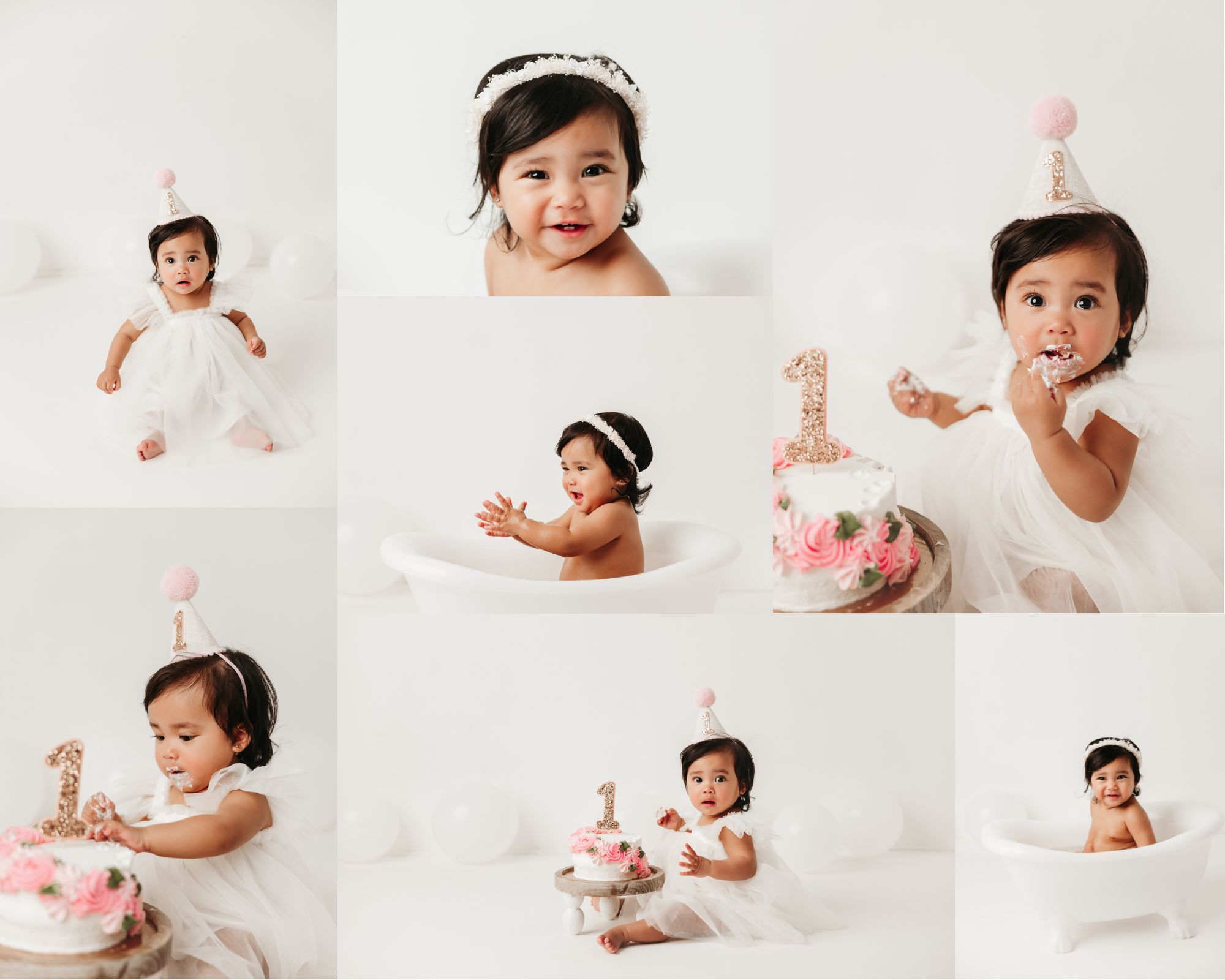 Neutral first birthday cake smash collage featuring baby girl portraits, bathtub photos, and soft pink cake details in Magnolia, Texas.
