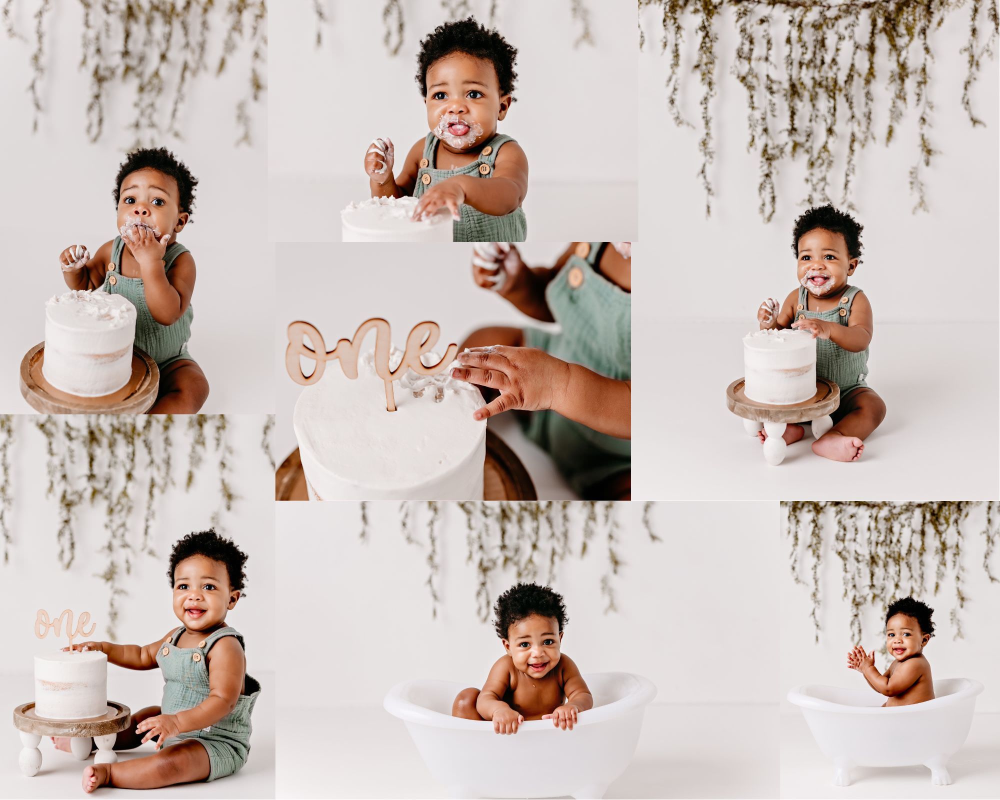 Neutral greenery cake smash session collage featuring baby boy milestone portraits and first birthday photos in Magnolia, Texas.