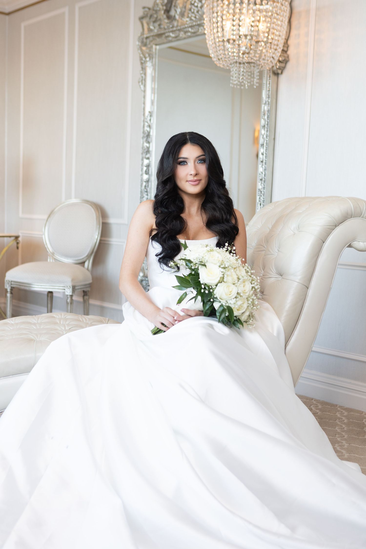 Elegant bridal portrait before wedding ceremony at Glen Island Harbour Club in New Rochelle.