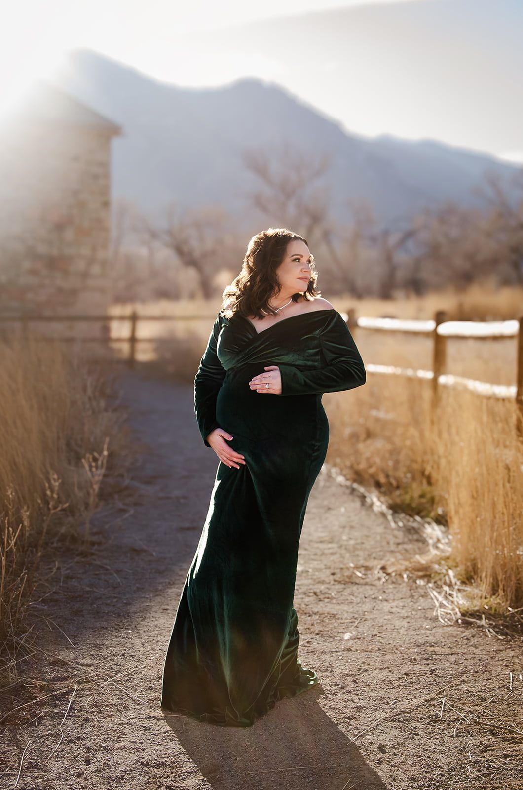 Denver maternity photography session at sunset golden hour in Eldorado Canyon, Colorado.