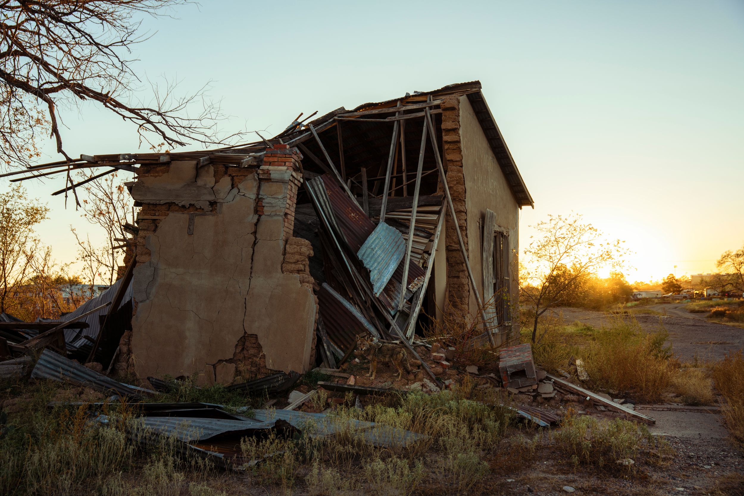 Abandoned adobe house crumbling in the desert at sunset with multiple views showing its deteriorating state.