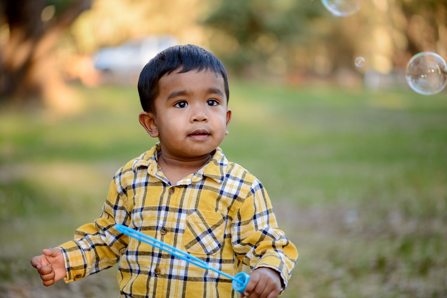 Young toddler blowing bubbles in a yellow and black checkered shirt - Kelly Chapman Photographer Perth