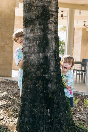 Two children playing peek-a-boo behind a large palm tree trunk with joyful expressions.