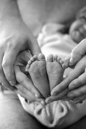 Black and white close-up of tiny baby feet cradled in adult hands.