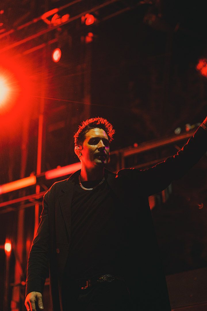A concert performer raises their arm while singing under dramatic red stage lighting.
