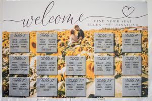 Wedding seating chart display with elegant calligraphy welcome sign and table assignments.