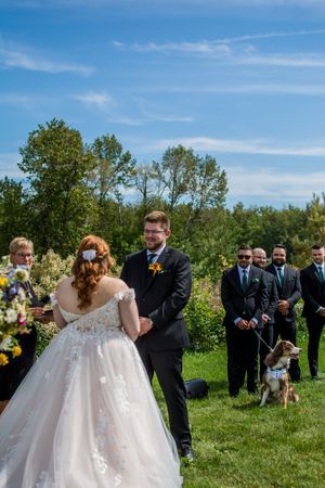 Outdoor wedding ceremony taking place on a sunny day with blue skies and green landscape.