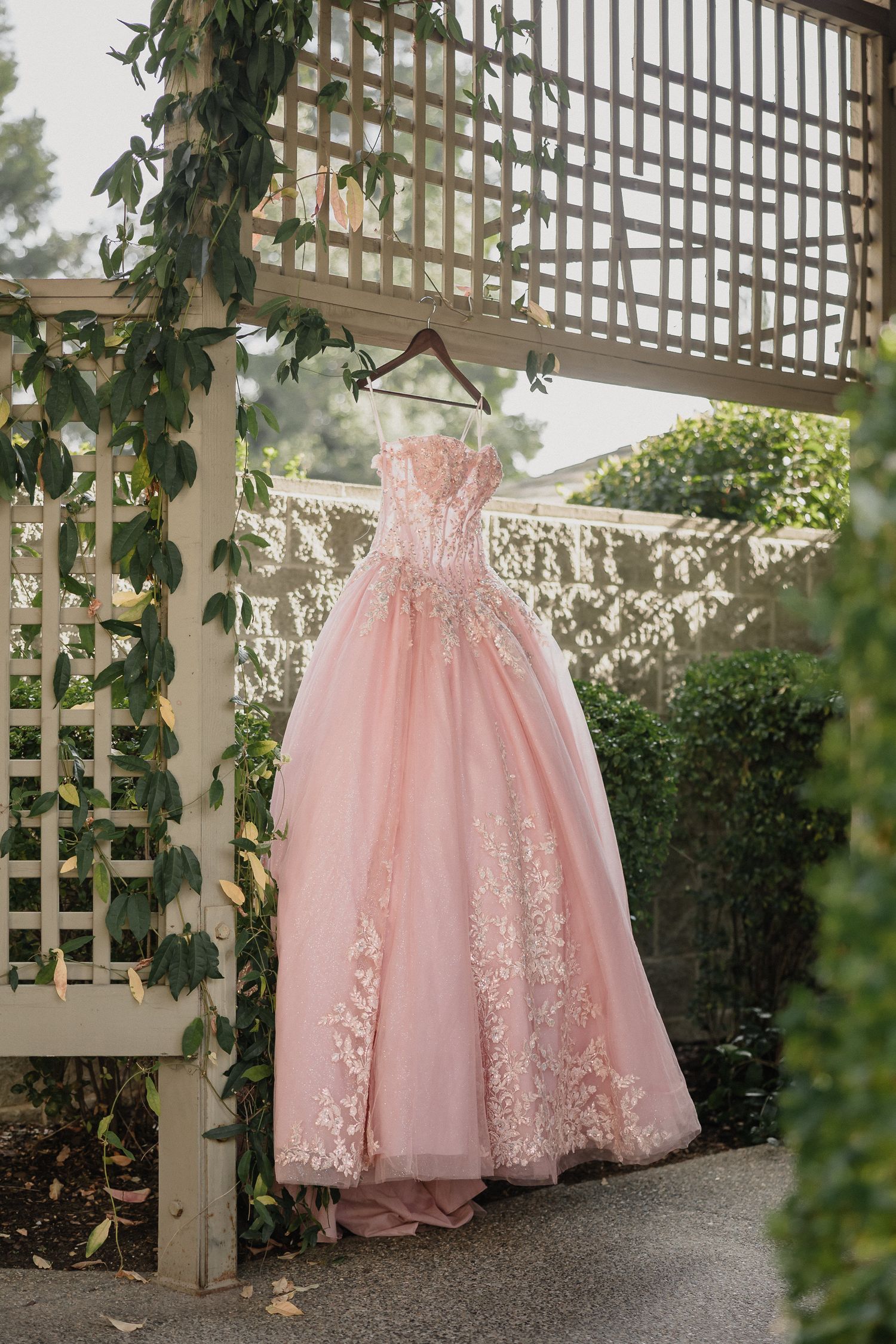 Pink tulle ballgown with delicate lace details hangs elegantly against a white lattice garden backdrop.