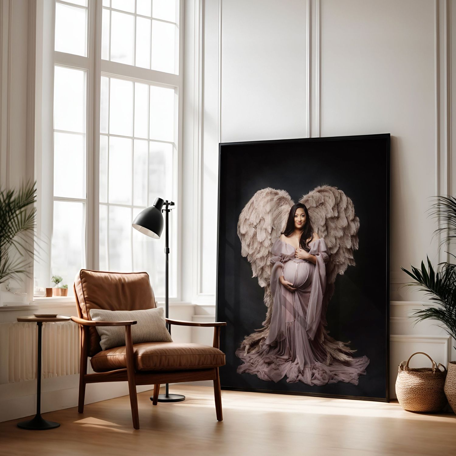 Austin maternity photography studio interior mockup showing fine art wall display and styled shooting space concept
