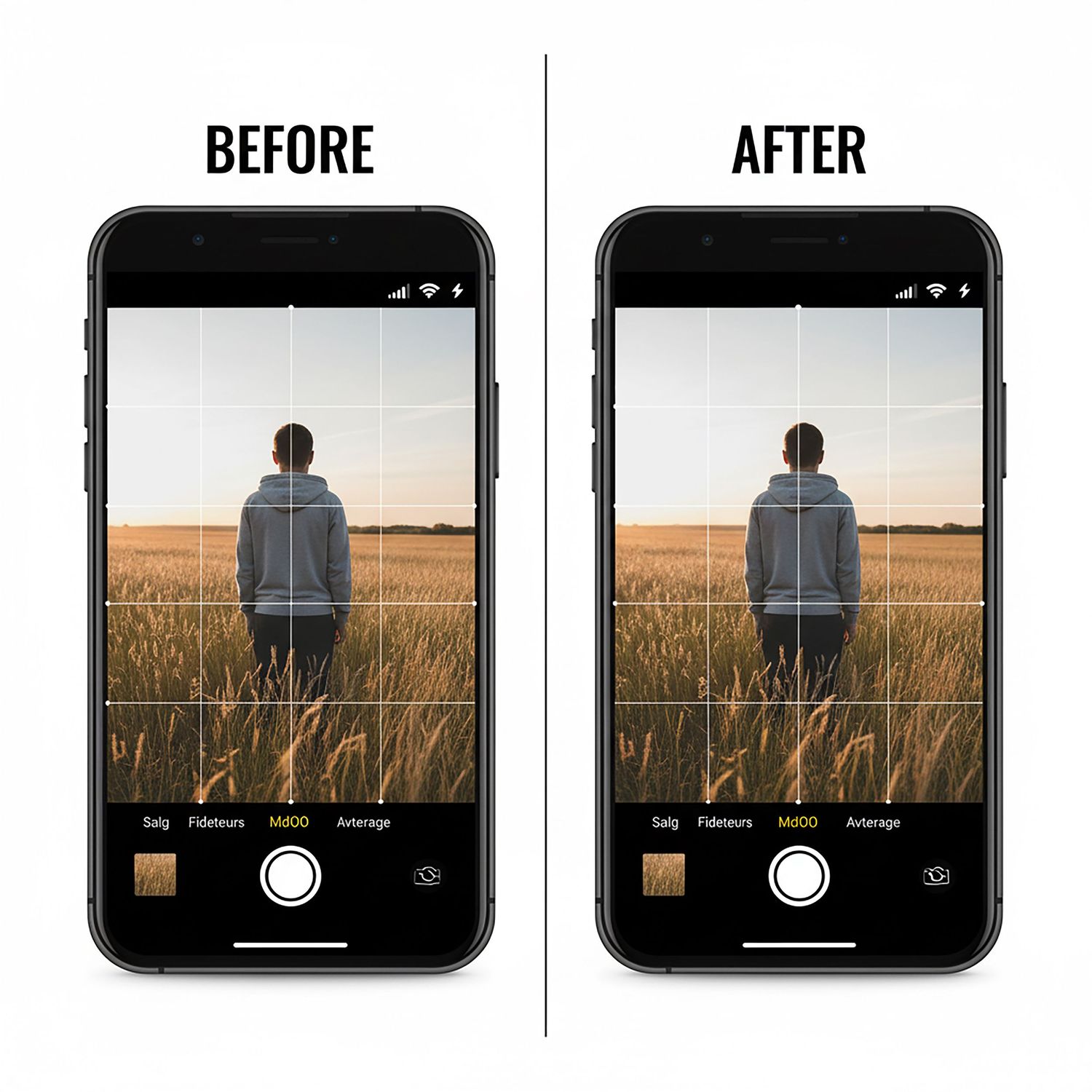 Before and after comparison of a smartphone camera photo showing a silhouetted figure standing in a wheat field at sunset.