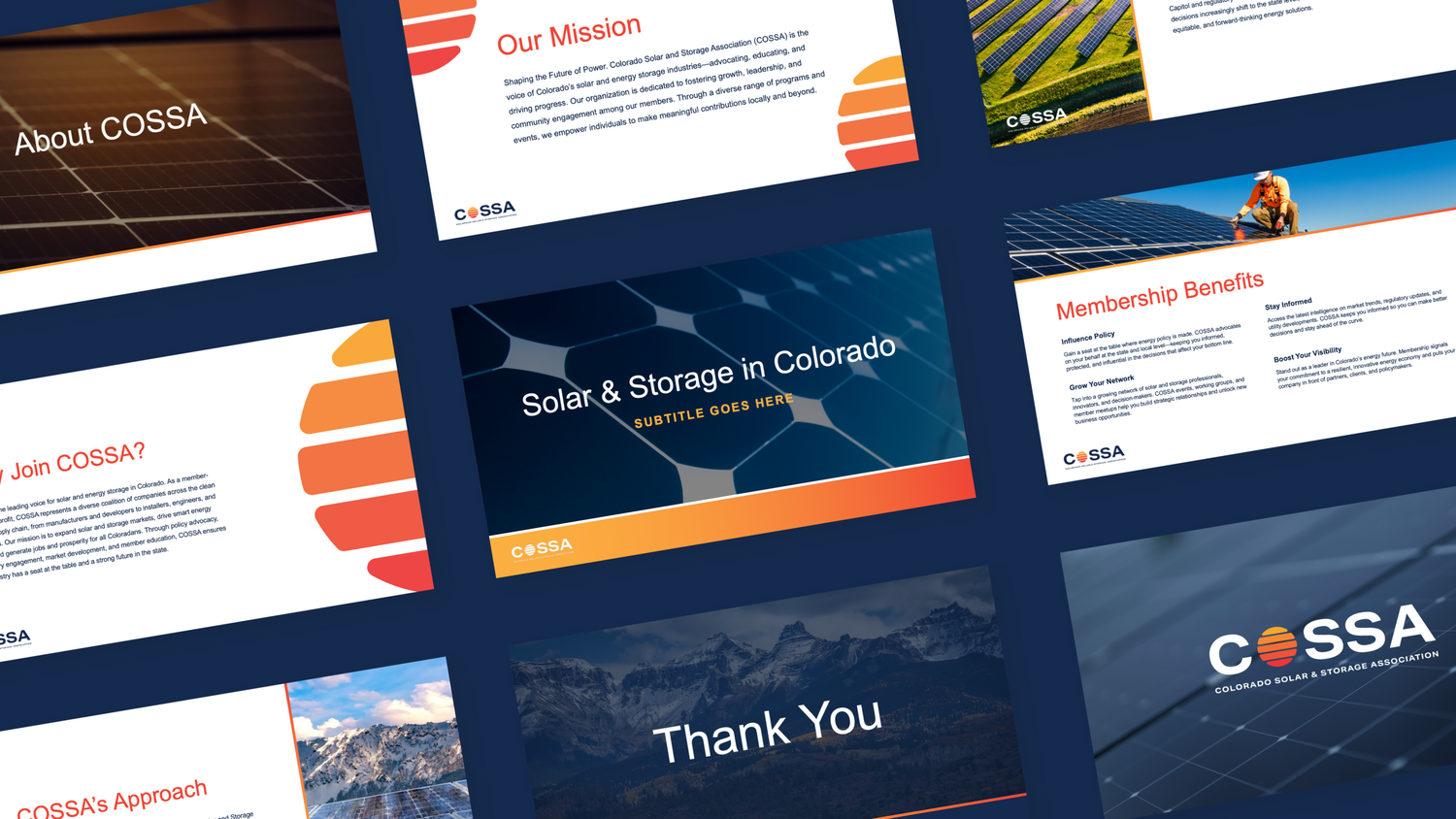 Comprehensive brand presentation slides showing COSSA's visual identity system.