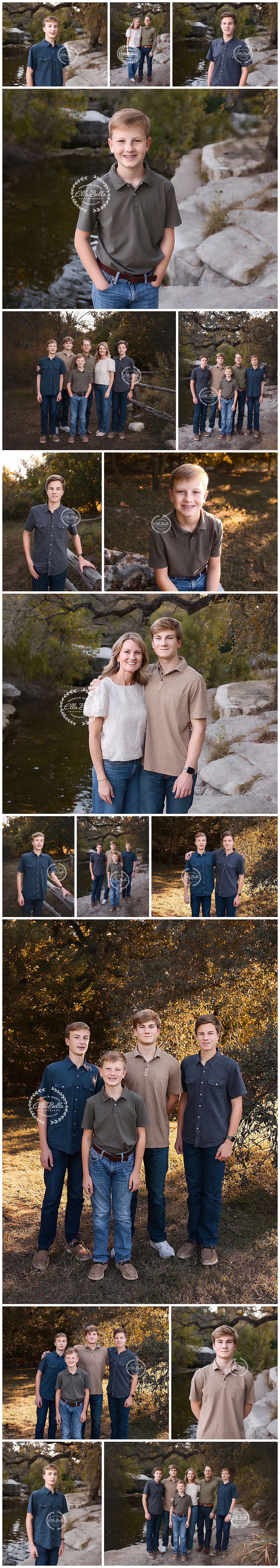 Family portrait session at sunset featuring coordinated blue and beige outfits against a natural rocky backdrop.